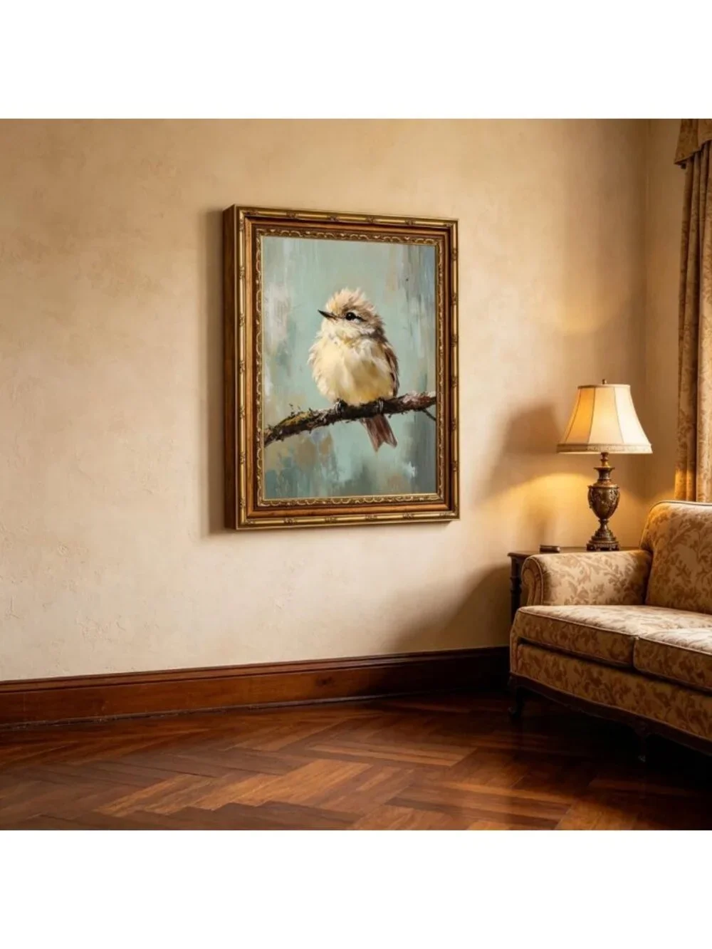 Vintage Gold Framed Bird Canvas Art - Beige Sparrow Wall Decor for Home